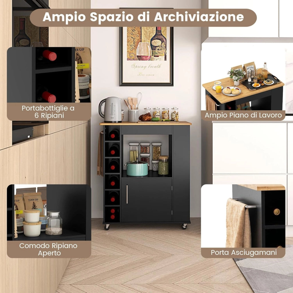Carrello da Cucina con Ruote, Isola da Cucina con Scomparti Portabottiglie a 6 Scomparti, Portaspezie e Portasciugamani, 76x44x89 cm (Nero)