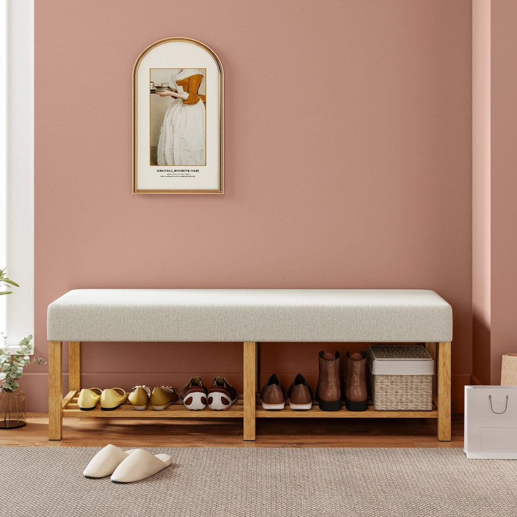 Sedia da pranzo imbottita con schienale e gambe in legno ¨C Zephmum ¨C Crema e legno naturale 140x44x48 cm