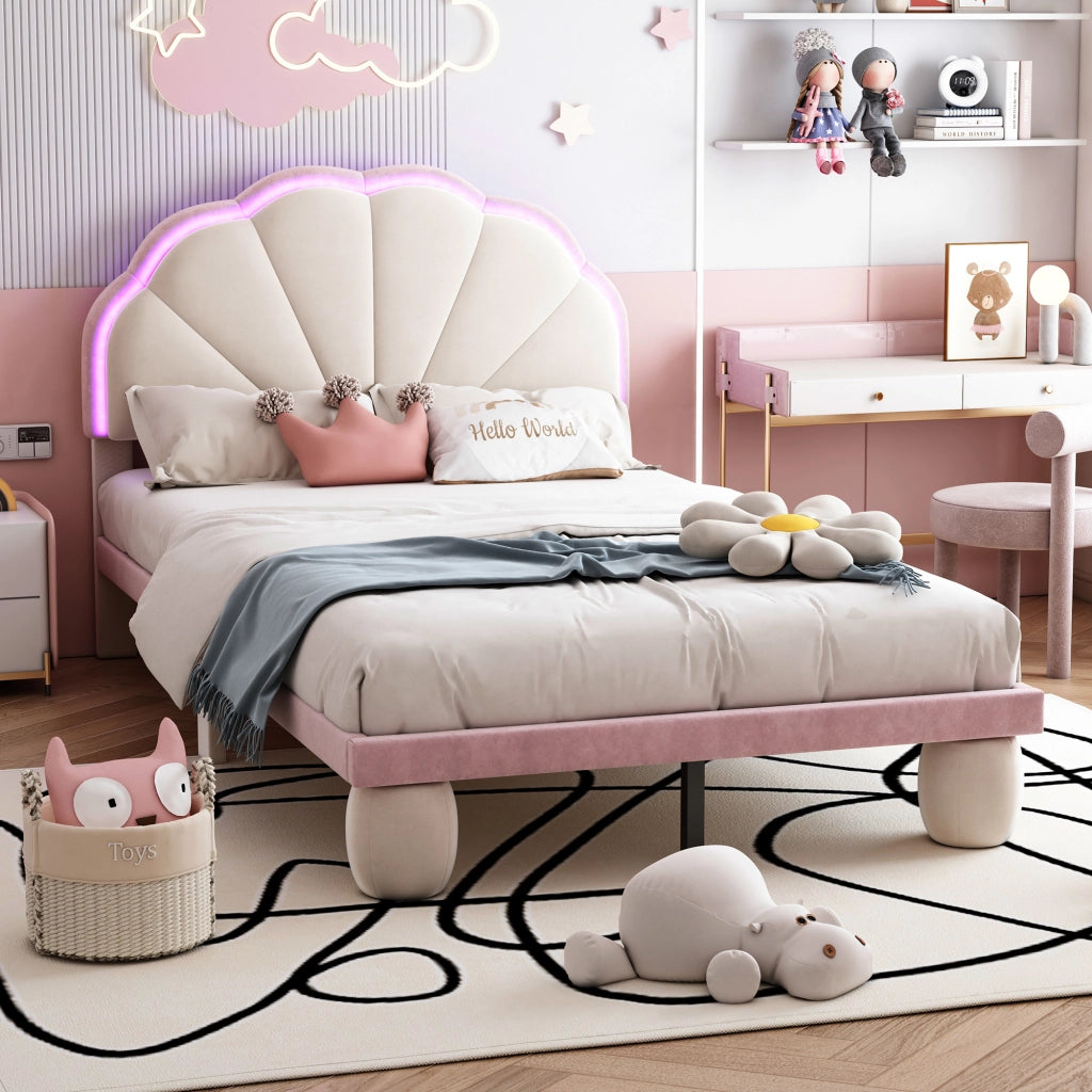 LETTO imbottito 90x200 cm in velluto Beige+Rosa con strisce LED multicolore
