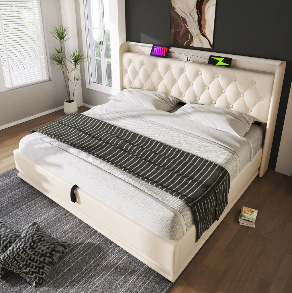 Letto matrimoniale con contenitore; LED 360°; USB e Type-C; 140x190 cm; bianco PU