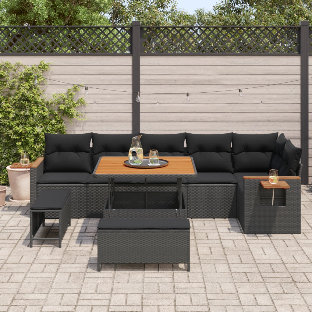 Set di Divano da Giardino con Cuscini 9 Pezzi Polyrattan Nero Acacia