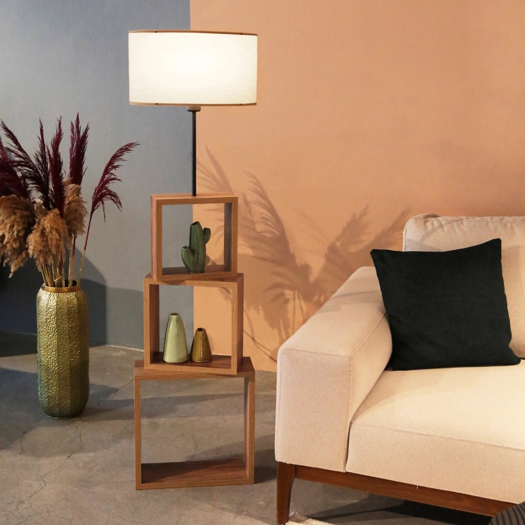 Lampada da Terra 'Mansfield' Piantana con Base a 3 Scomparti Forma di Cubo e Paralume Cilindrico in Tessuto - color Crema - lux.pro