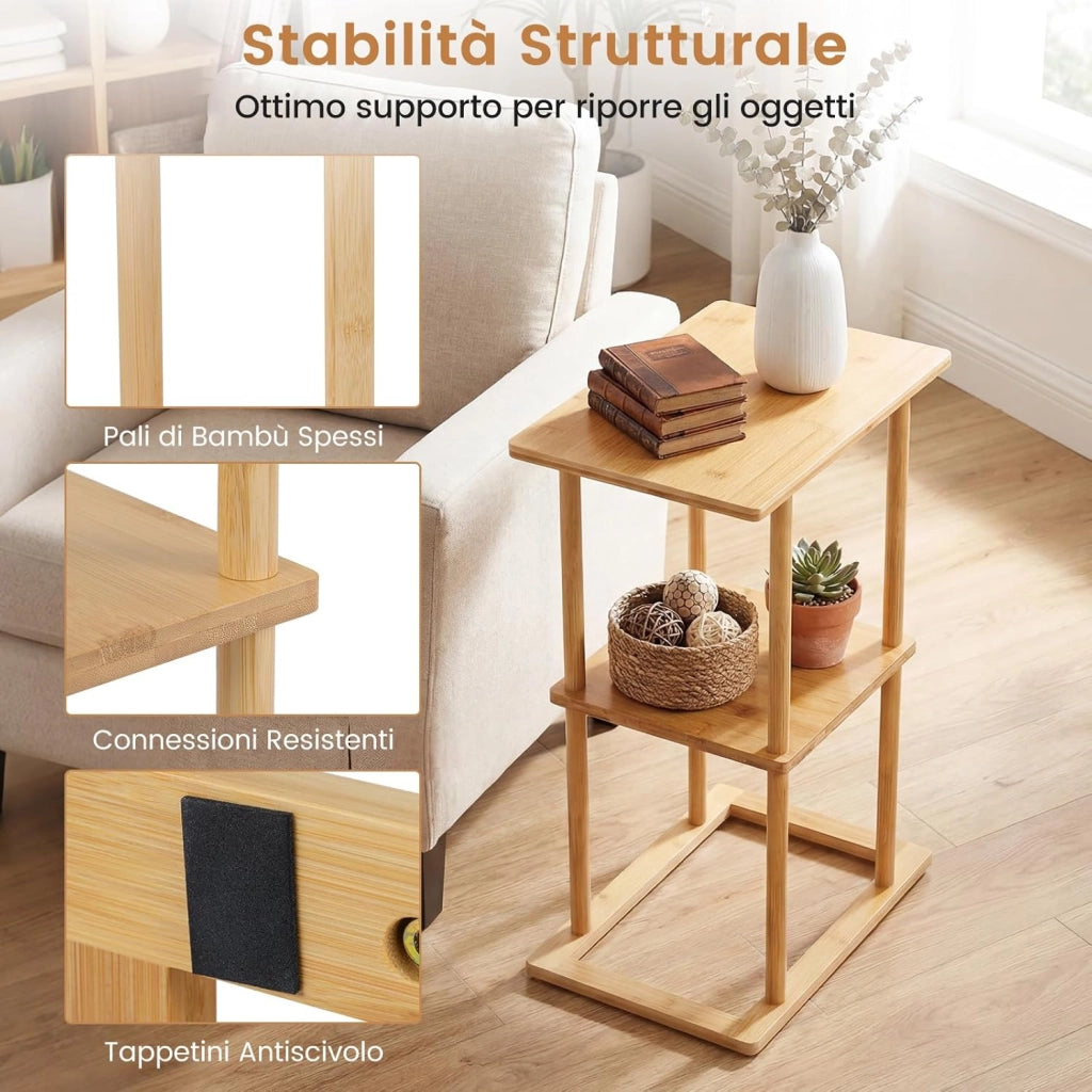 2 Tavolini Laterali da Salotto, Tavolino Rettangolare con Mensole Portaoggetti e Struttura in Bamboo, Tavolino Salvaspazio per Soggiorno, Camera da Letto e Ufficio