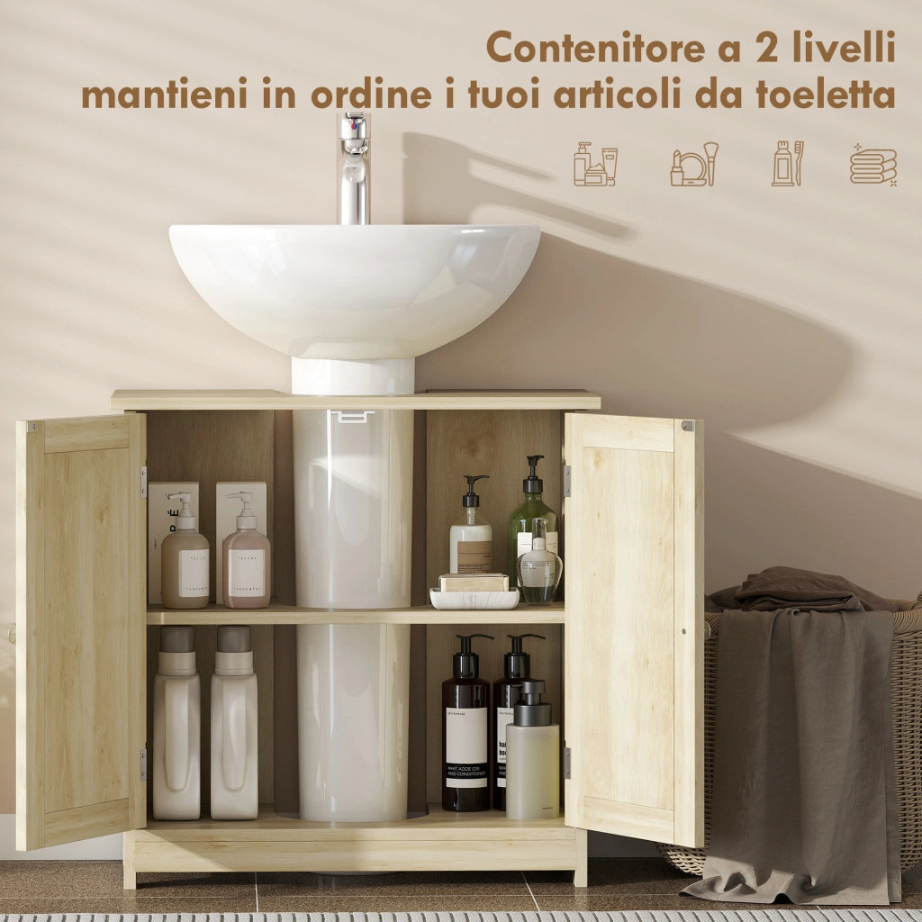 Mobile Sottolavabo 60x30x60 cm a 2 Ante con Ripiano Regolabile e Intaglio a U Rovere