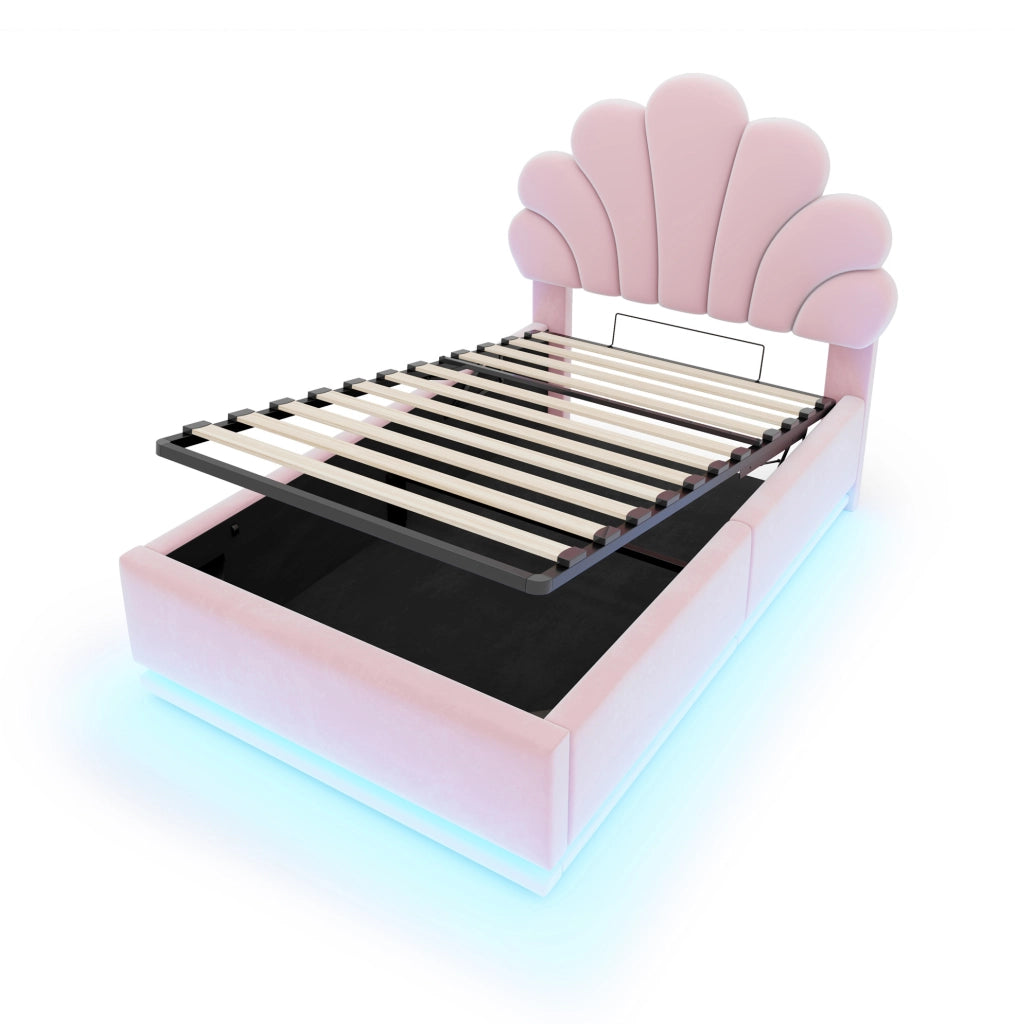 LETTO Imbottito Contenitore 90x200 cm Velluto Rosa con LED