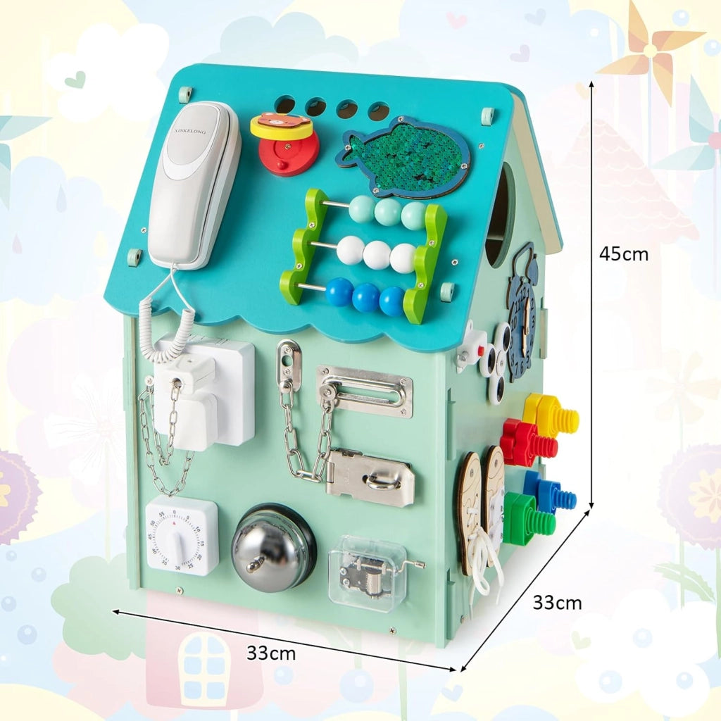 Occupato Montessori per Bambini, Casa da Gioco Montessori con Giochi Sensoriali e Spazio Interno, Giocattolo Educativo e Regalo per Bambini 3 Anni+ (Blu)