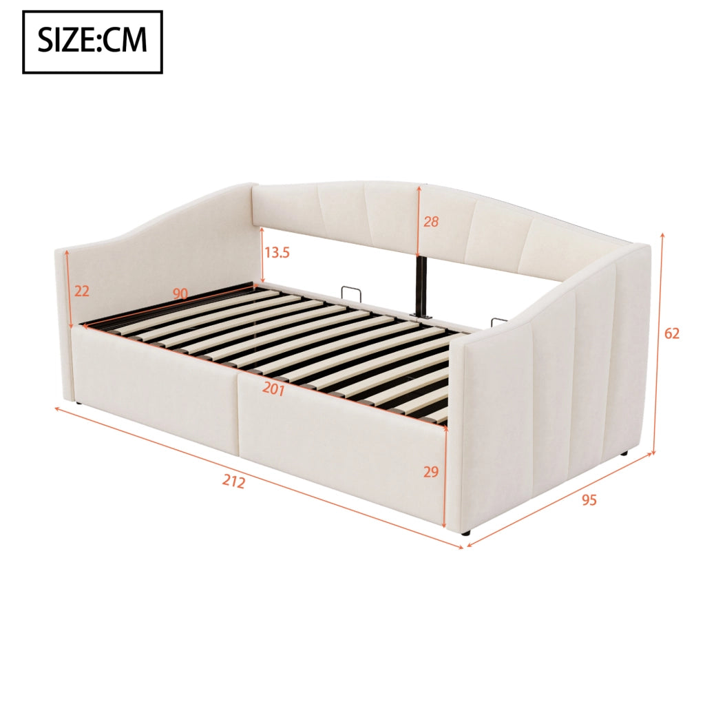 Letto imbottito multifunzionale 90x200 cm con contenitore idraulico; velluto beige