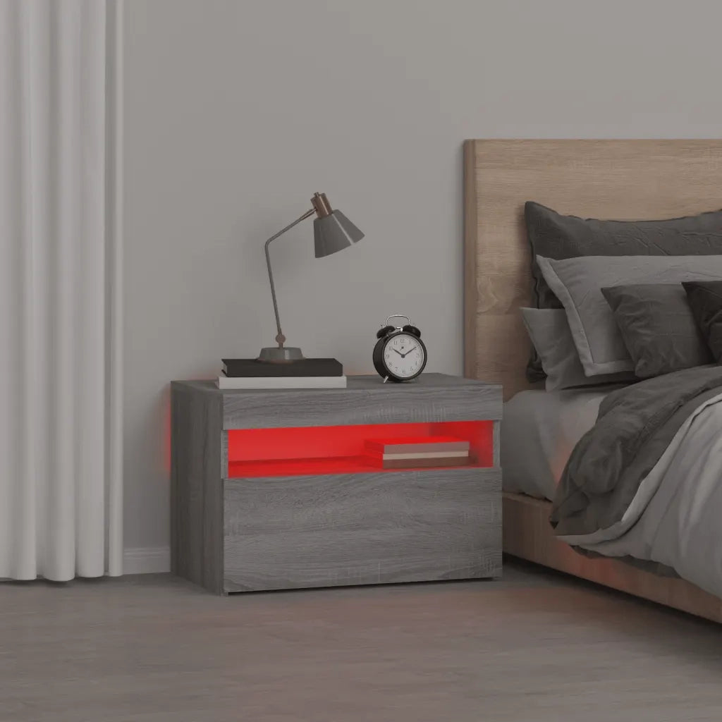 Comodino con Luci LED-Tavolino da notte Grigio Sonoma 60x35x40 cm