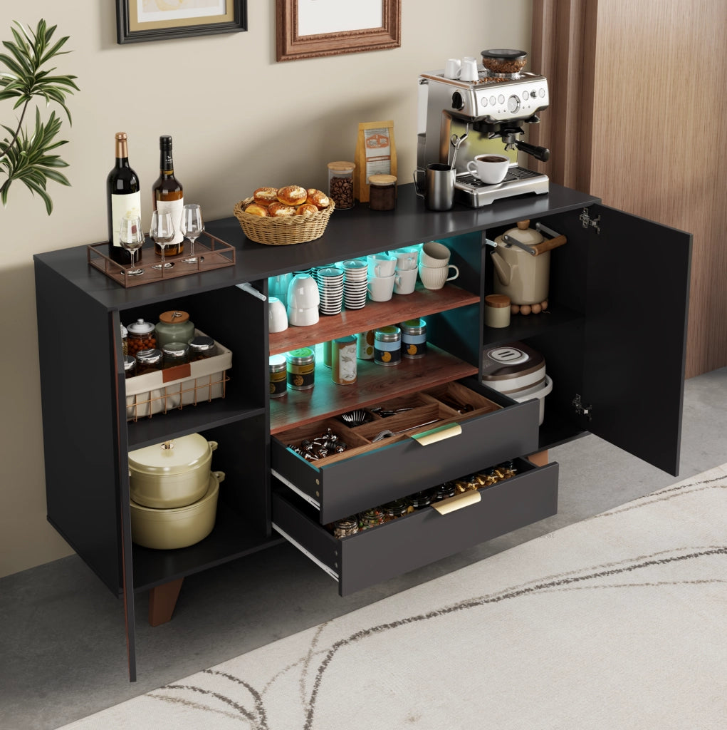 Credenza da cucina 150x40x90 cm in MDF naturale e nero con LED RGB e 2 cassetti
