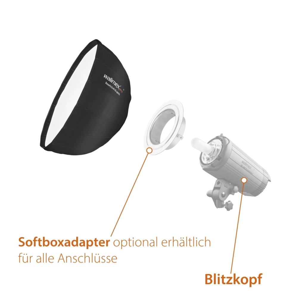 Studio Line Beauty Dish Softbox QA65 - Beauty Dish light shaper, 65 cm di Ø, 35 cm di profondità, pieghevole, con griglia, diffusore interno ed esterno, per flash Speedlite da studio