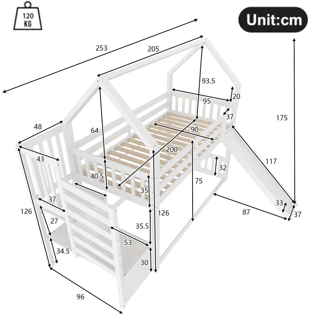 Letto a castello a casetta con scivolo e scala contenitore 90x200 cm; bianco