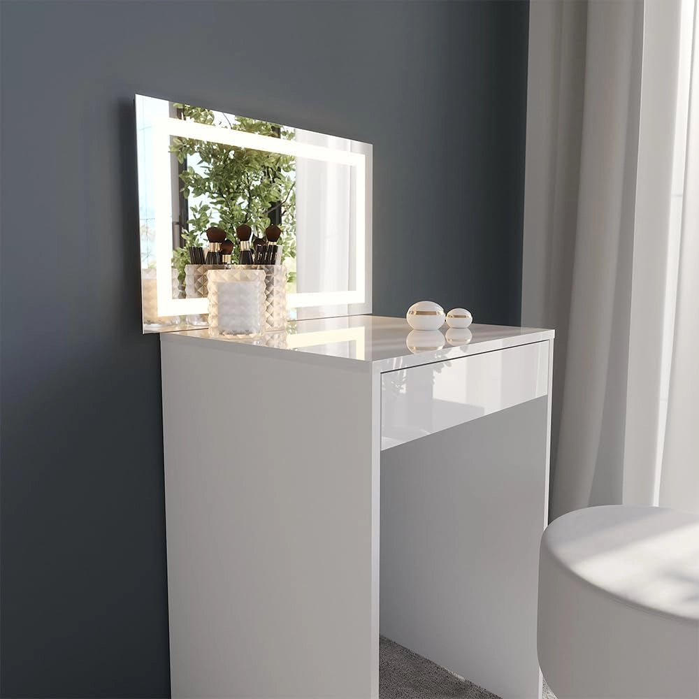 Tavolo da toeletta Sherry, Bianco/bianco lucido, 51.4 cm con specchio LED e sgabello