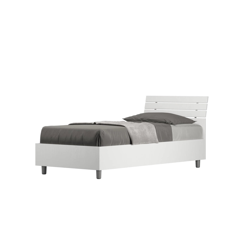 Letto Singolo 80x190 cm con Rete e Contenitore Ankel Testata Doghe Inclinata Bianco Frassino