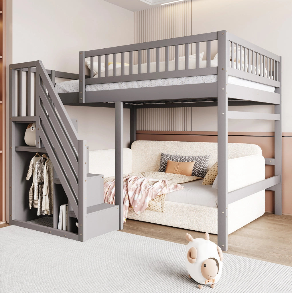 Letto singolo in legno massello 140x200 cm con scala contenitore e sponde alte; grigio