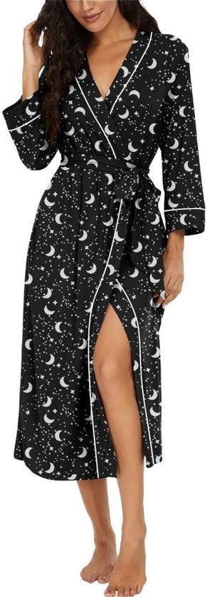 Kimono da donna leggero 3/4 manica, abito da camera, abbigliamento da sera, loungewear, sauna, (nero stellato, M)