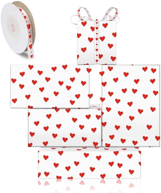 Cadeaupapier con cuori rossi - 4 fogli 50 x 70 cm - Matrimonio - San Valentino - Proposta di matrimonio - Anniversario - Alta qualità - Pergamena di confezione
