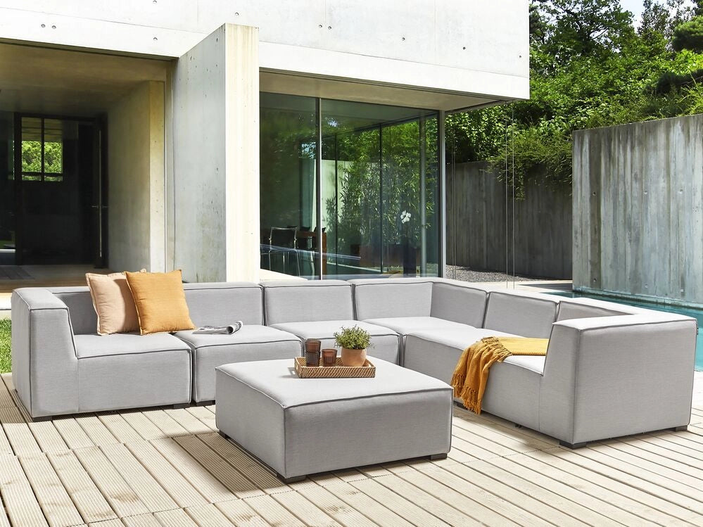 Set divano ad angolo per interni ed esterni con rivestimento in tessuto grigio a 7 posti con divano da giardino ottomana sinistro