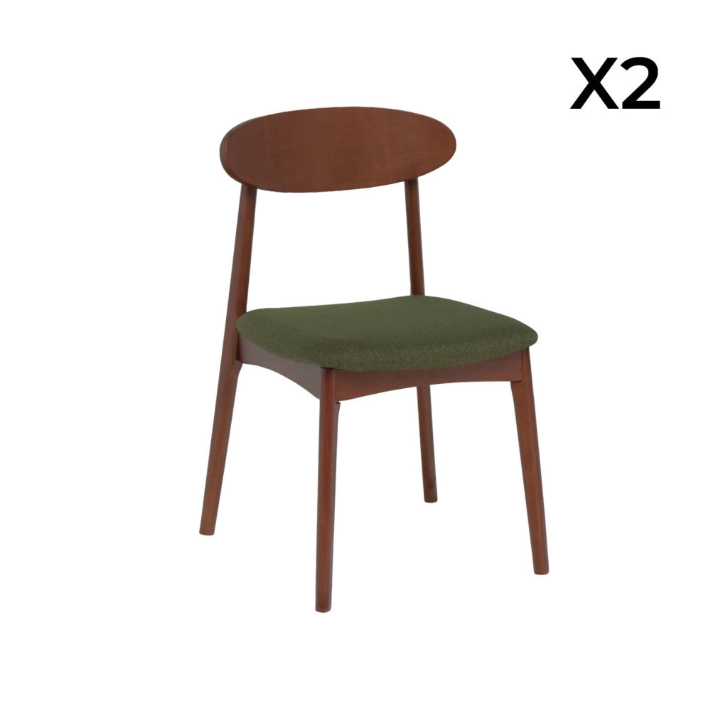Set 2 sedie vintage in legno di hevea noce e tessuto, verde kaki