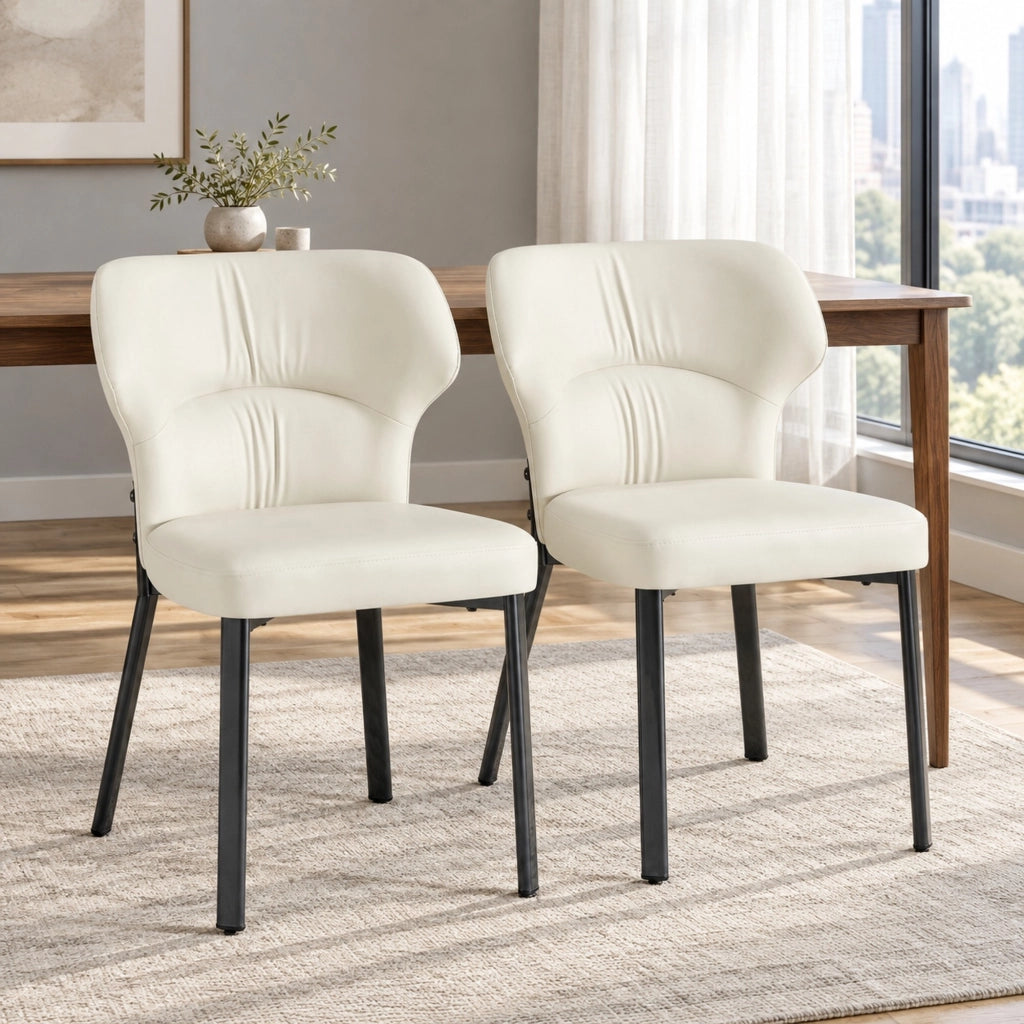 SEDIA da Pranzo Imbottita in PU Beige con Metallo Nero Set da 2 pezzi
