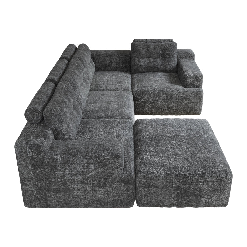 Divano modulare a U in chenille grigio, 5-6 posti, senza montaggio, con pouf