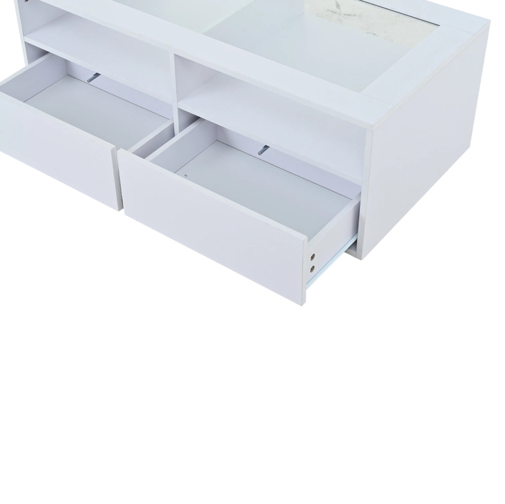 Complemento d’arredo moderno con piano in vetro, LED e pratico spazio contenitivo