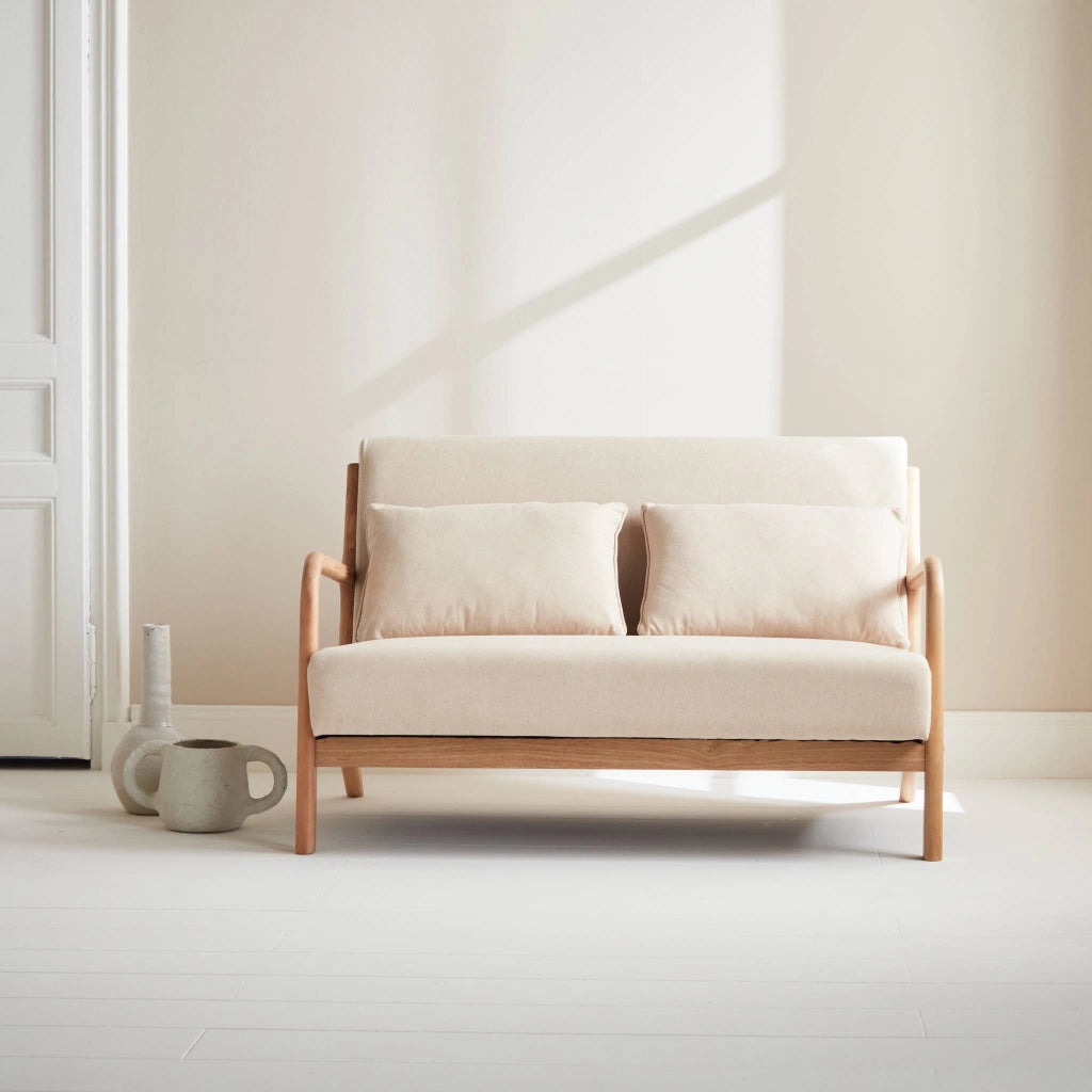 Panca stile scandinavo in legno e tessuto, 2 posti, beige