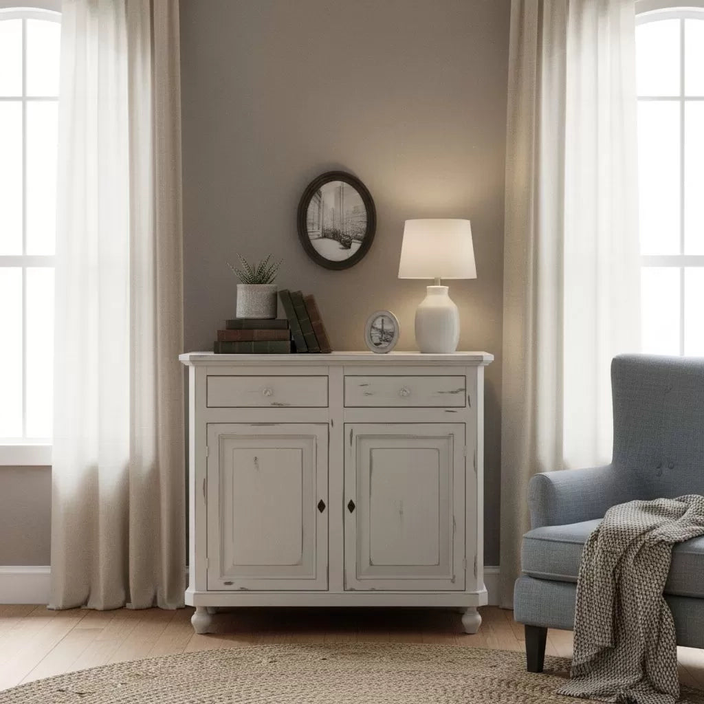 Credenza 2 ante legno shabby bianco consumato 104x43x98 - Mobili 2G