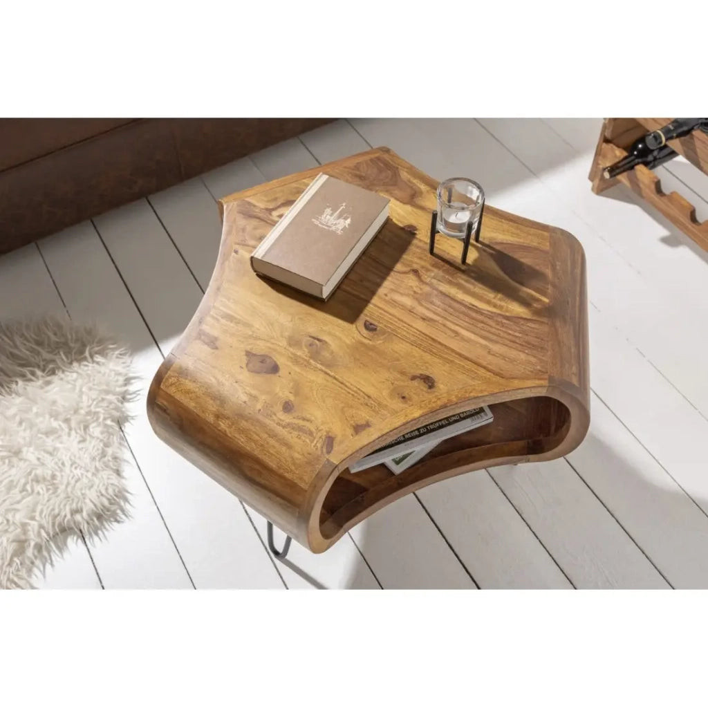 Tavolino basso NERA 70 cm in legno massiccio di Sheesham con nicchia e piedi in metallo nero – stile retro industriale
