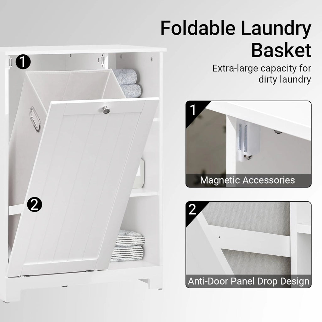 Mobiletto da Bagno con Sacco per Biancheria – Mobile con Cesto a Ribalta e 3 Ripiani – Mobile Salvaspazio, Arredo Bagno in Legno per Spazi Ridotti, Bianco, 60x86x37cm, BZR105-W