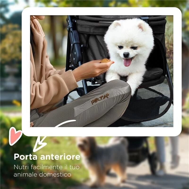 PASSEGGINO PER CANI PICCOLI PIEGHEVOLE CON GUINZAGLIO DI SICUREZZA E CESTINO, NERO