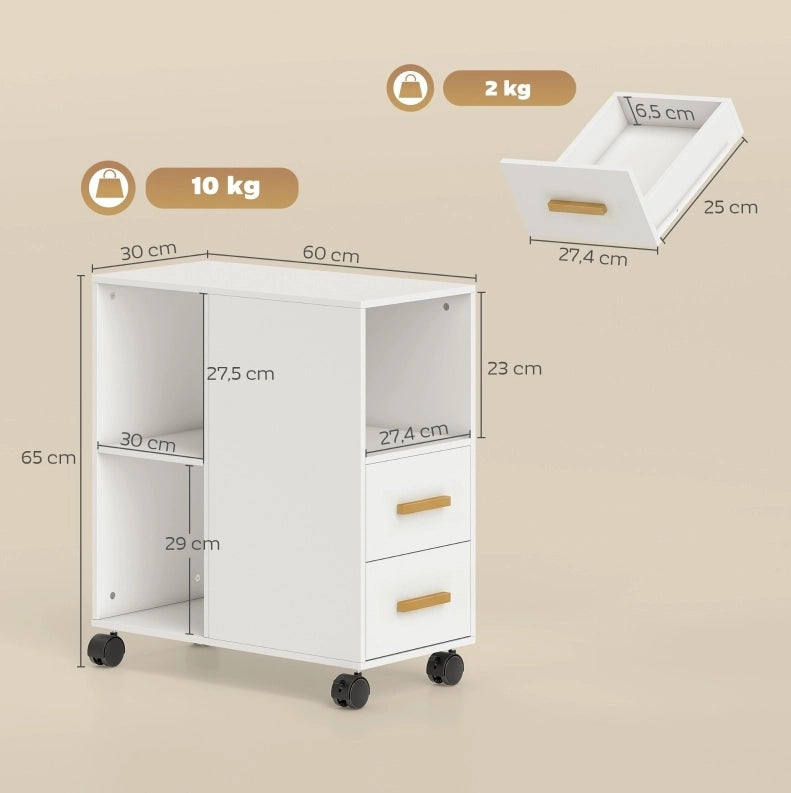 Supporto per Stampante con Ripiani Regolabili e Ruote, 60 x 30 x 65 cm, Bianco