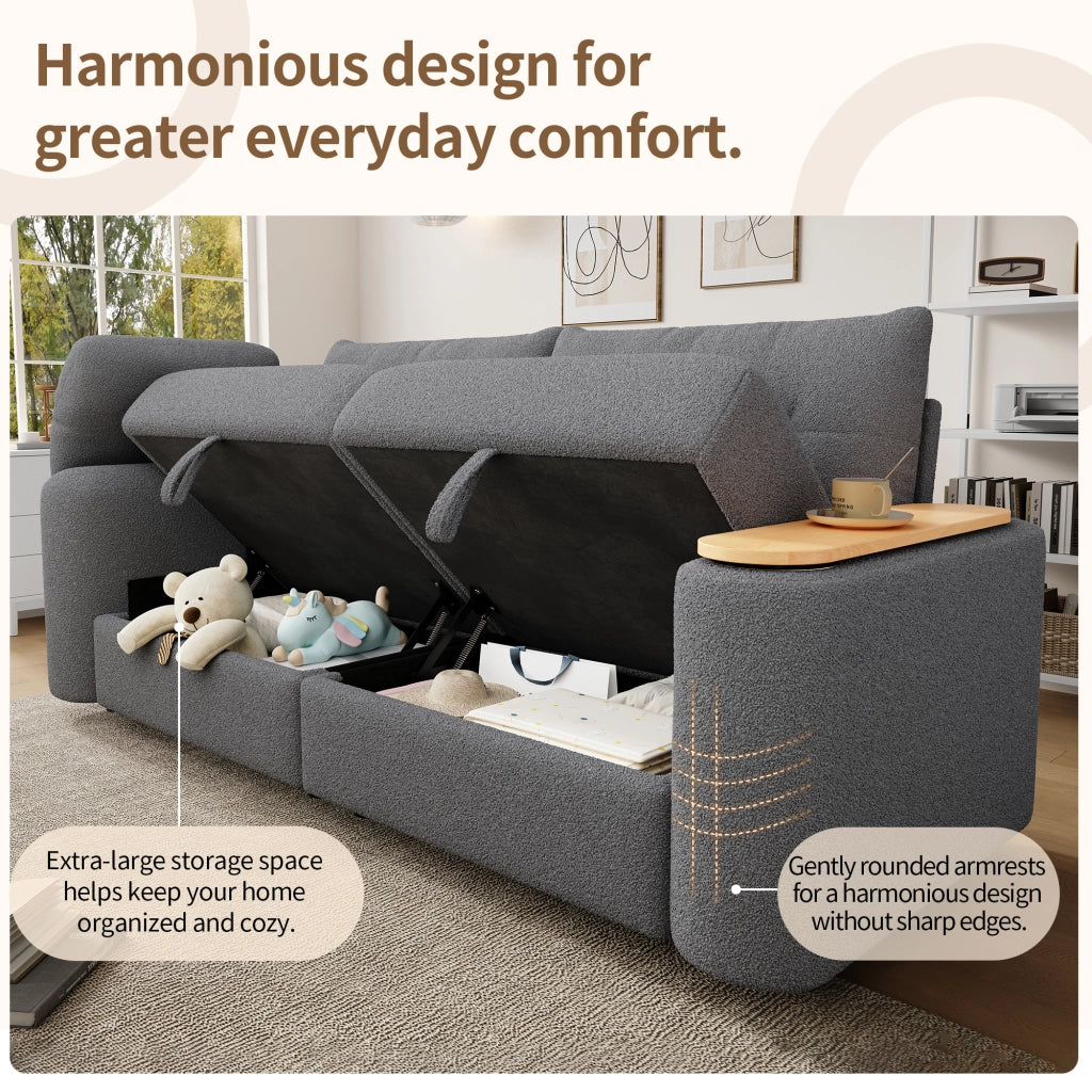 Divano modulare compatto con contenitore poggiatesta e tavolino girevole in teddy grigio 207,5 × 80 × 87 cm