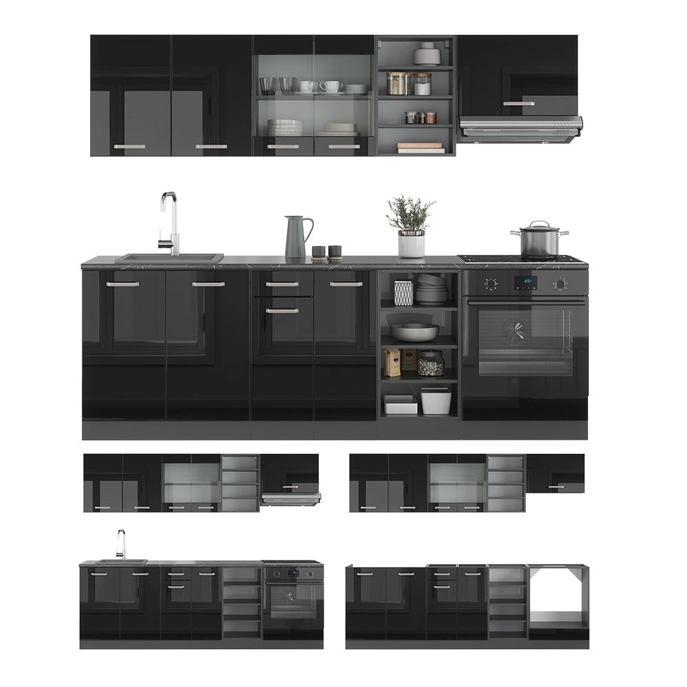 Cucina componibile R-Line Nero lucido/Antracite 240 cm senza piano di lavoro Vicco