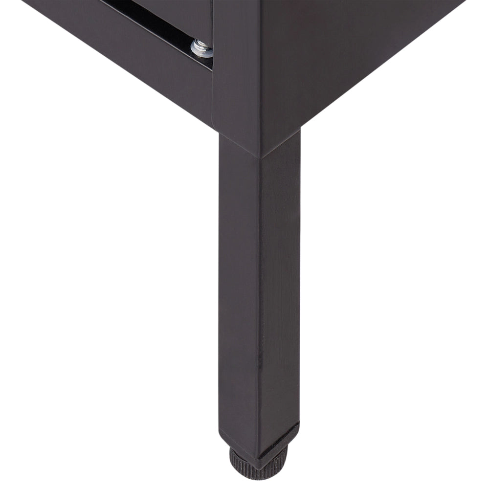 Credenza a 3 ante in acciaio nero con vetro temperato, ripiani regolabili, tappi per le gambe, mobili per il soggiorno dal design moderno.