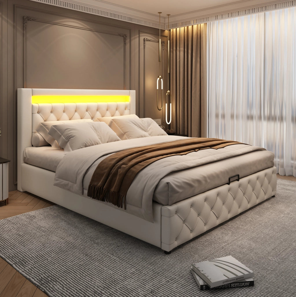 Letto imbottito contenitore 140 × 200 cm con rete a doghe e LED; PU bianco