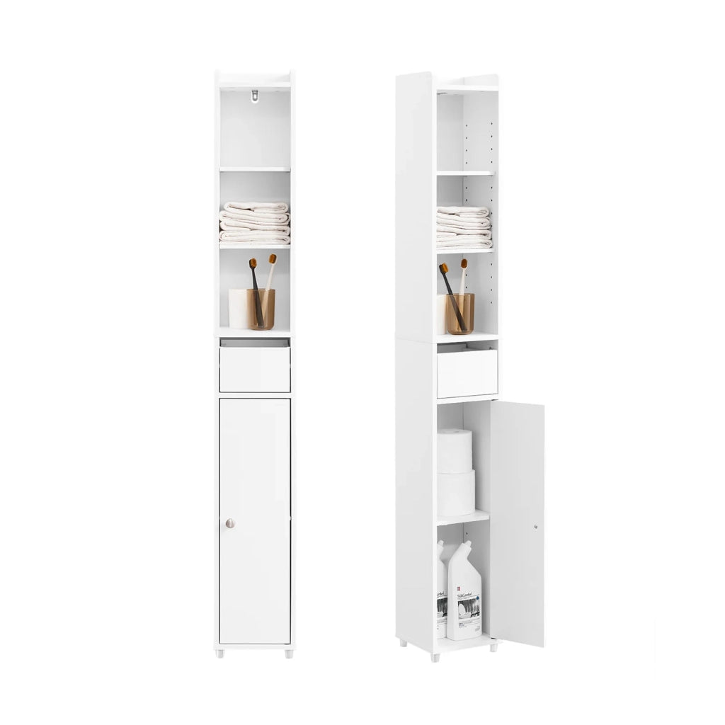 SoBuy BZR34-K-W Mobile Bagno Salvaspazio Colonna Alta Mobiletto Bagno Stretto con Anta e Cassetto Armadietto Bagno Multiuso Mobile Alto per Lavanderia e WC 20x20x145cm