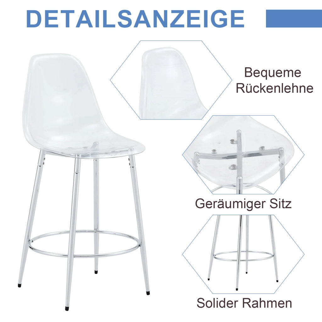 Sgabello da bar 2 pezzi con schienale ergonomico e poggiapiedi, in Metallo e Plastica, Argento e Trasparente