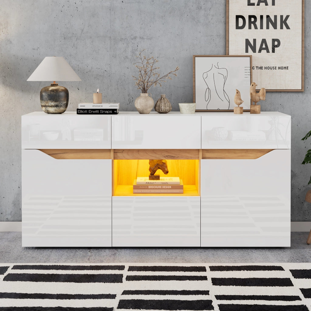 OKWISH Credenza con 4 Cassetti e 2 Ante, Illuminazione LED, per Soggiorno, Pannello di Particelle, Bianco, 140 x 40 x 70 cm