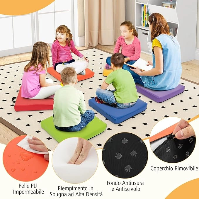 Set di 6 Cuscini per Sedia per Bambini, Cuscini Quadrati Morbidi in Spugna con Maniglie, Sedute Flessibili Portatili e Leggere per Casa Scuola Asilo, 40 x 40 cm