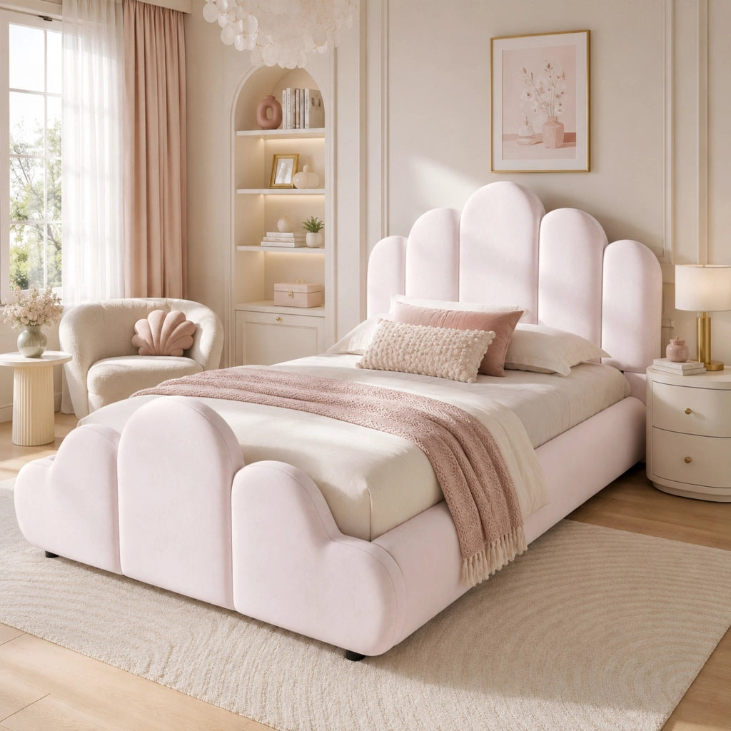 Letto singolo imbottito 90x200 cm in velluto rosa con testiera arrotondata e rete inclusa