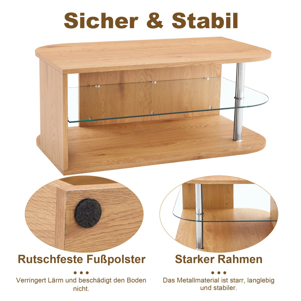 Tavolino basso con doppio ripiano e vano contenitore in MDF effetto legno naturale e vetro 100 × 60 × 42 cm