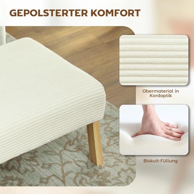 Pouf contenitore imbottito in velluto a coste, seduta in schiuma, gambe in legno di caucciù, crema