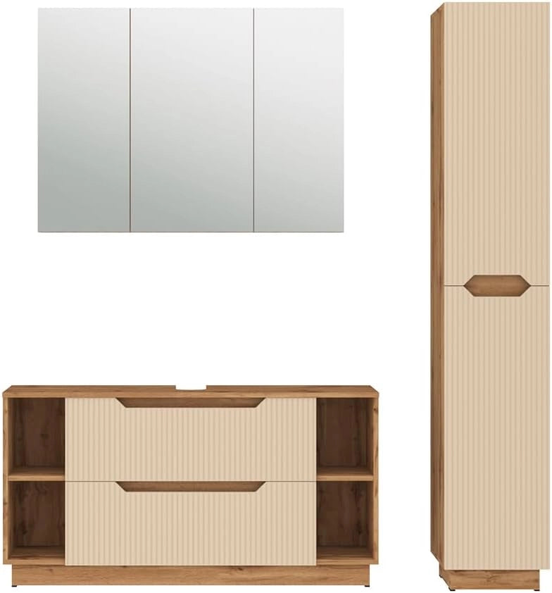 Set di mobili da bagno Lotta, Rovere/cashmere a righe, 3 parti