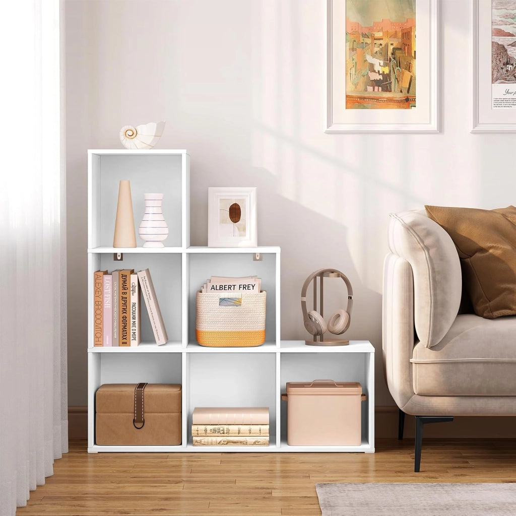 Libreria con 6 Cubi, Scaffale con Scomparti Aperti per Libri, Decorazioni, Piante, Legno Ingegnerizzato Bianco, Camera da Letto, Soggiorno, Ufficio, 90x30x90cm, SK061ws