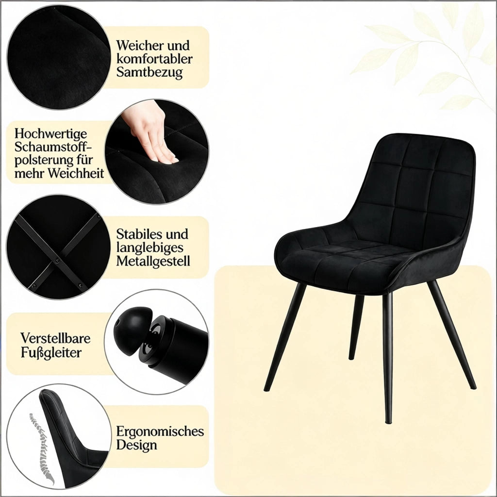 SEDIE da pranzo Set 4 pezzi in velluto nero, altezza seduta 47 cm