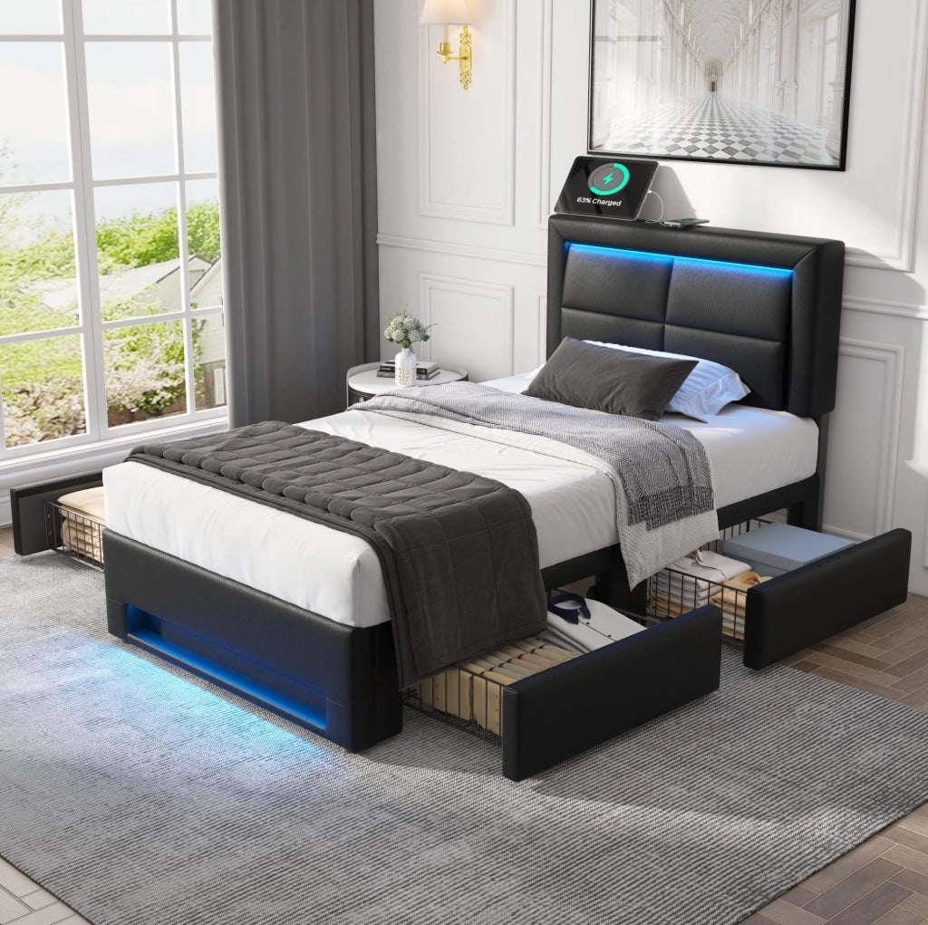 Letto imbottito 90 x 190 cm nero in PU con LED, USB e 4 cassetti