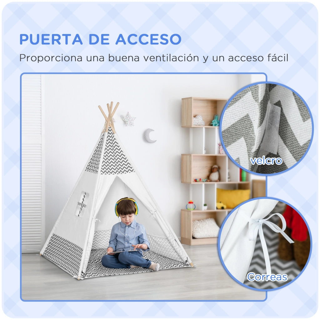 Casetta Tipi per Bambini in Legno con Ventana e Colchoneta ¨C Zephmum ¨C Grigio 120x120x155 cm