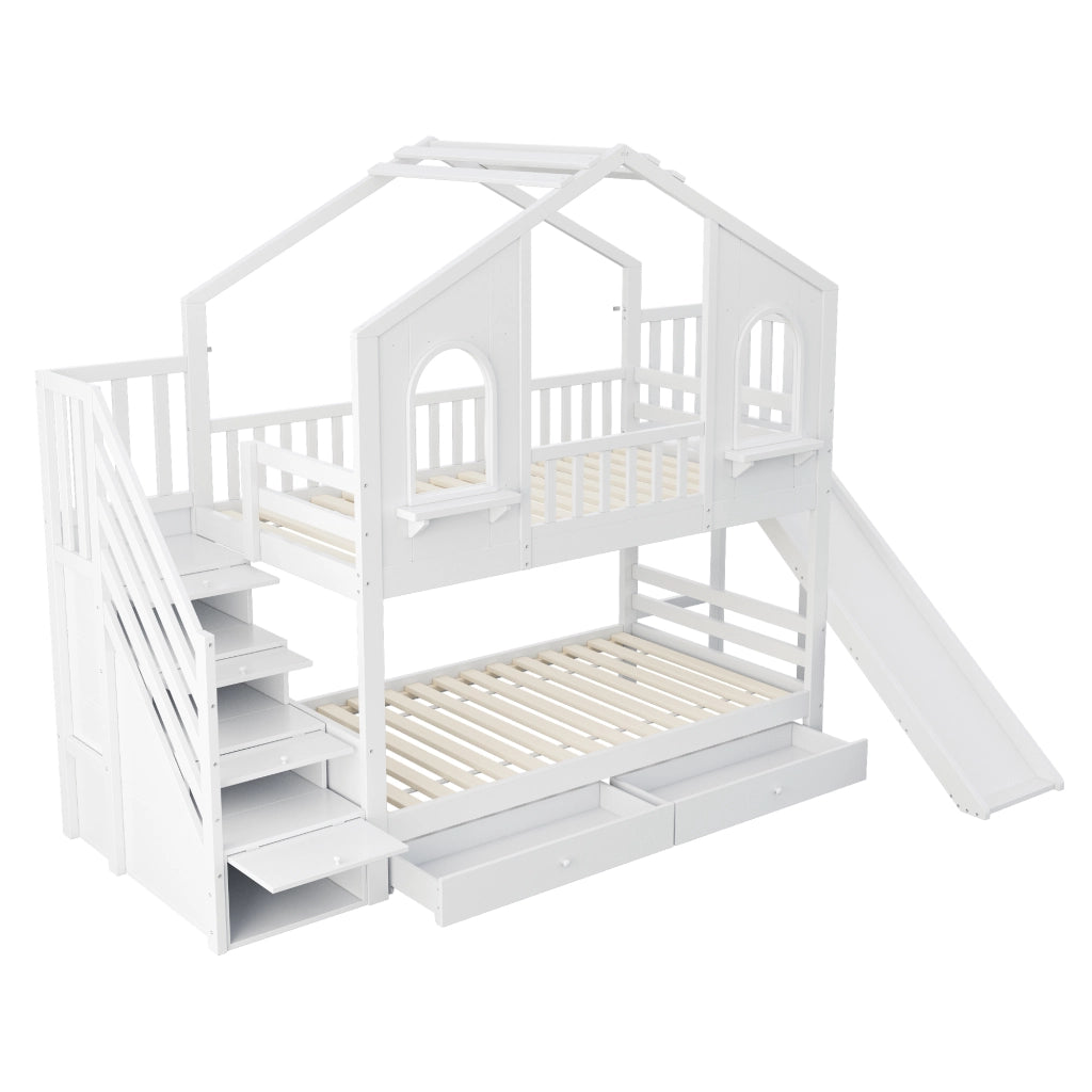 LETTO a castello a casetta 90x200 cm con scivolo e scala contenitore bianco