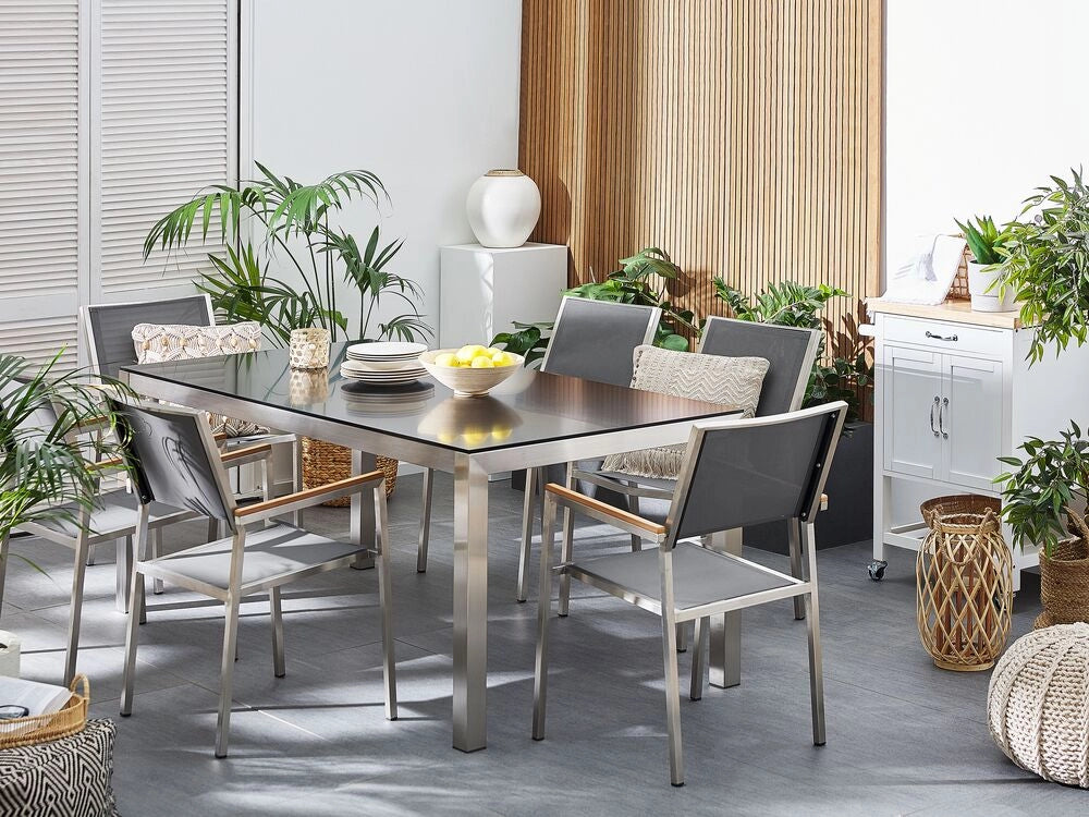 Tavolo da pranzo da giardino Piano in granito Nero e argento Gambe in acciaio inossidabile esterne 6 posti 180 x 90 x 74 cm