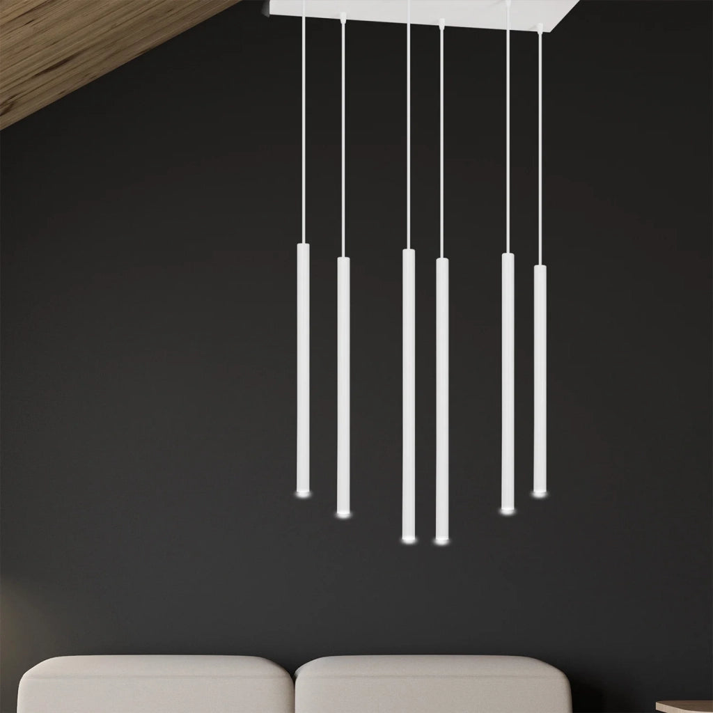 Lampadario 6 Luci Moderno Shu Acciaio Bianco E Paralumi A Cilindri Sottili